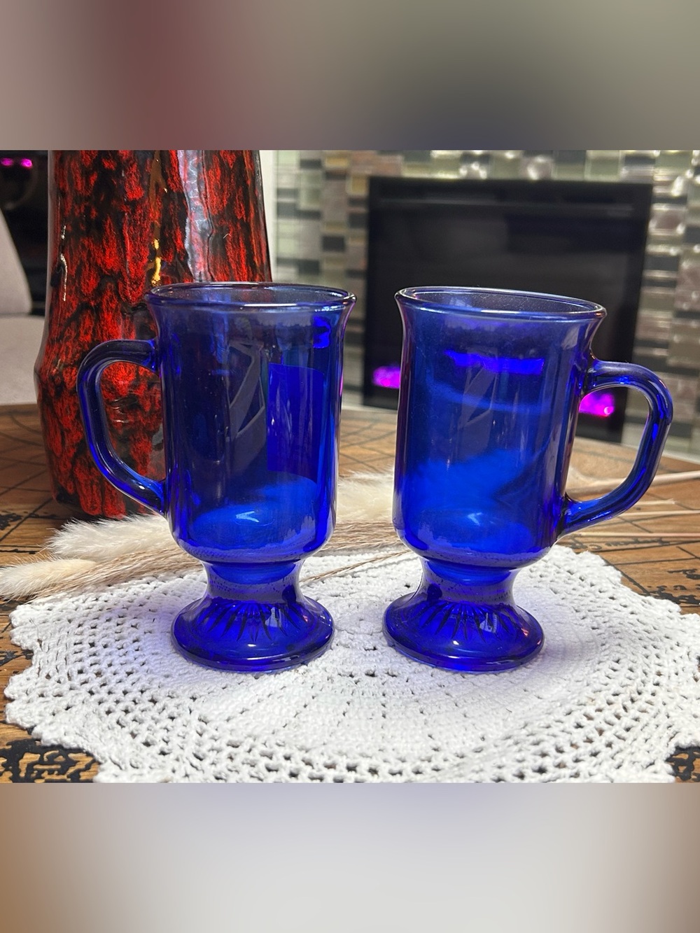Vintage Anchor Hocking Cobalt Blue Irish Coffee Mugs Set of 2, Pedestal Glass